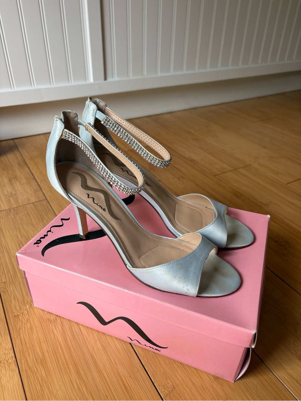 Annie Silver blue Satin Open-Toe Rhinestone Ankle-Strap Heels